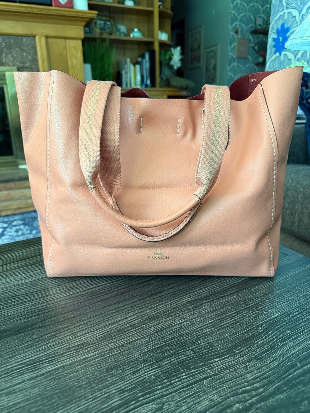 NWOT Coach Pinky Coral Pebbled Leather Derby Shopper Tote with Woven Handles